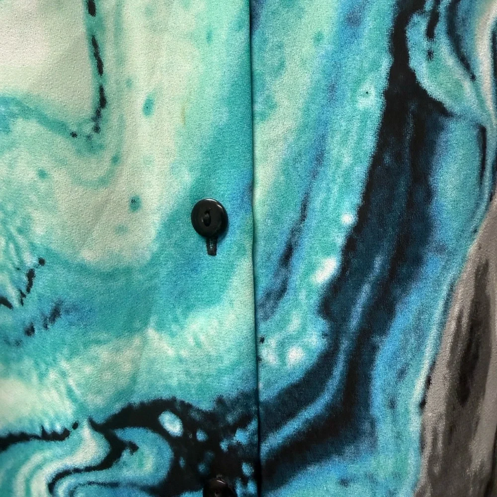 Valerie Stevens Teal Gray Abstract Blouse L Tie Neck Career Chic Top - Picture 4 of 9